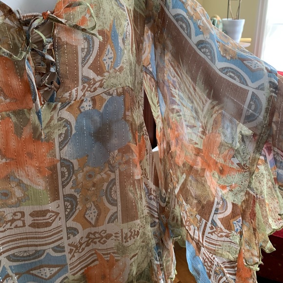 Boho style sheer tunic top ruffled loose sleeves brown orange blue flower US L - Picture 8 of 9
